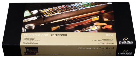 REMBRANDT Ölfarben-Set TRADITIONAL im Holzkasten  (15x15ml , 1x40 ml, Zubehör)