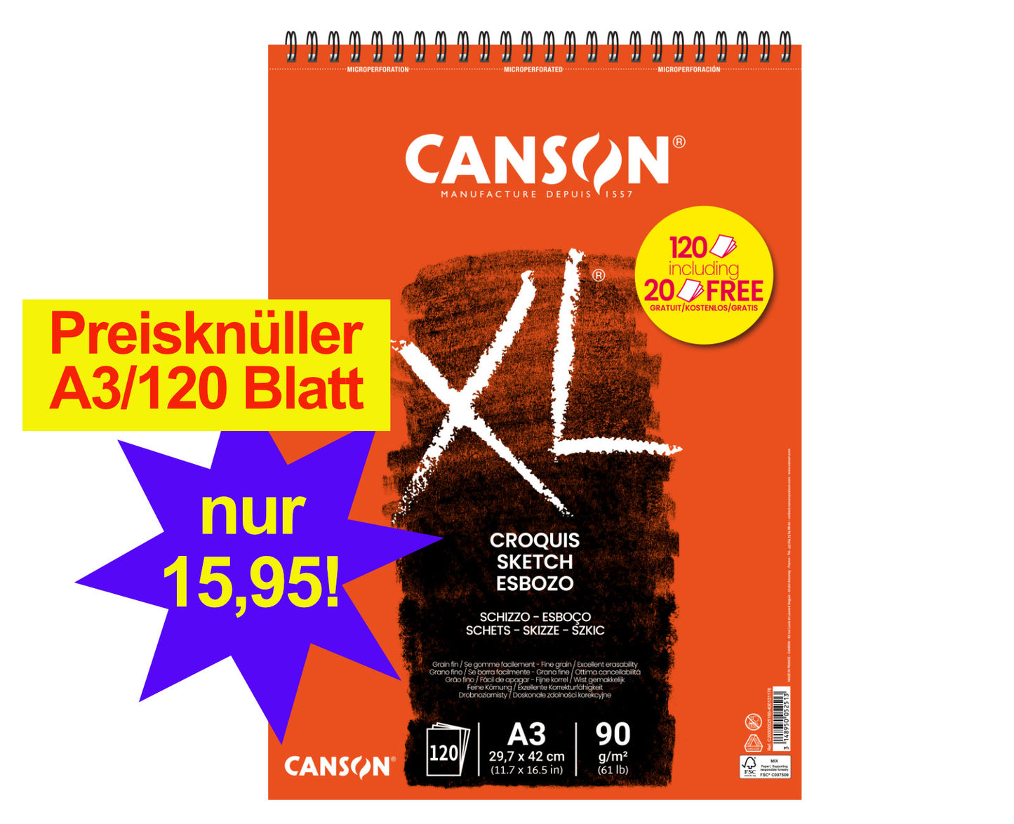 CANSON XL Croquis Skizzenblock A4 & A3 (Spiral, 100BL+20BL gratis)