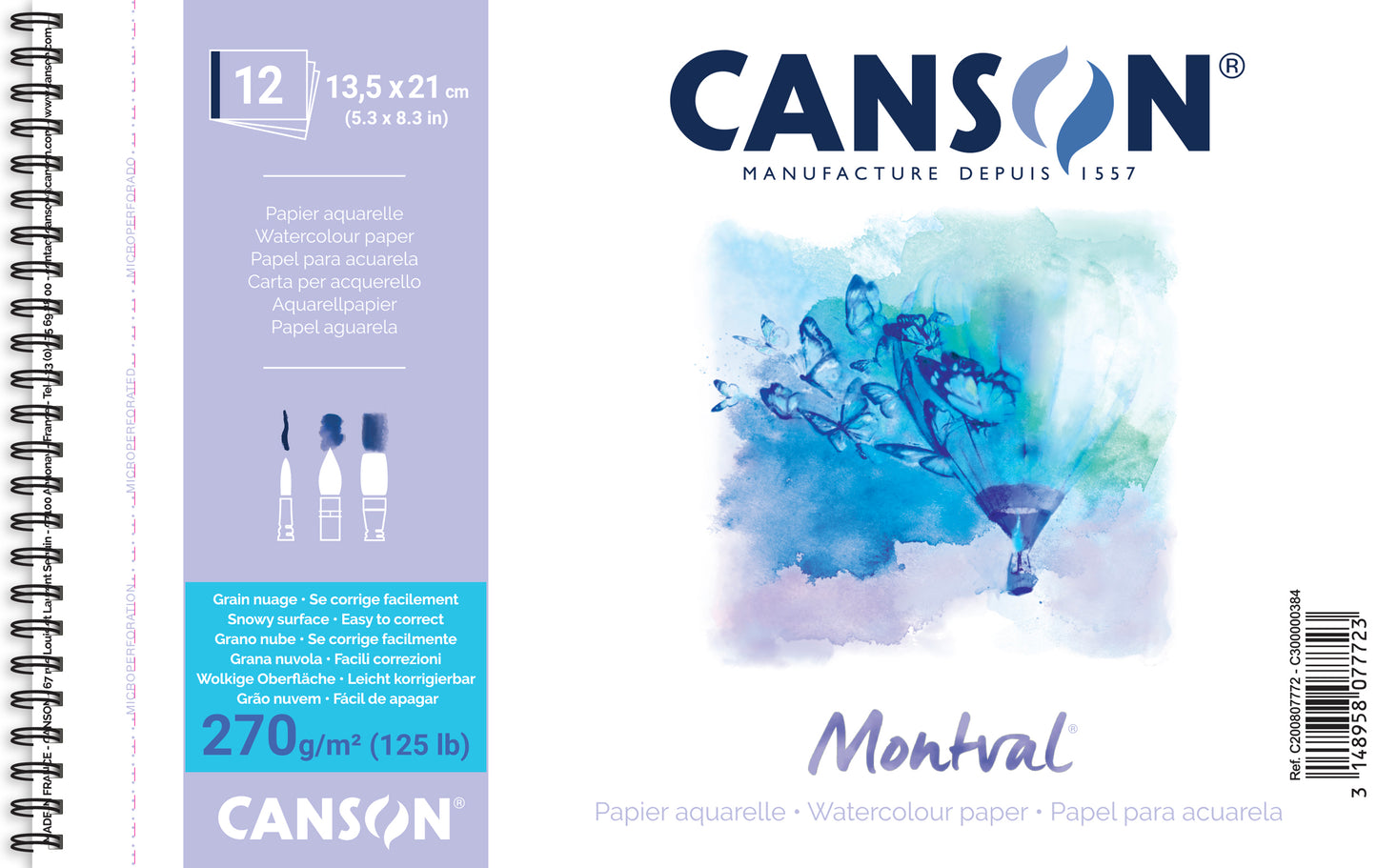 NEU: CANSON Montval Aquarellpapierblock 13,5x21cm 12 Blatt 270gr weiß (Spiral)