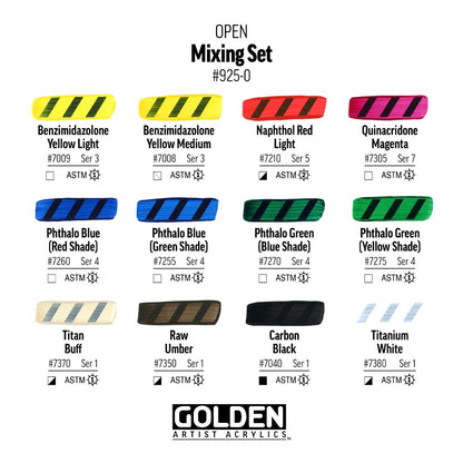 GOLDEN Open Mixing-Set (12 Split Primärfarben + Verdünner)