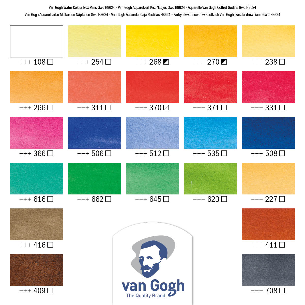 VAN GOGH Aquarell-Set Holzkasten (24 halbe Näpfchen, 3 Teile Zubehör)