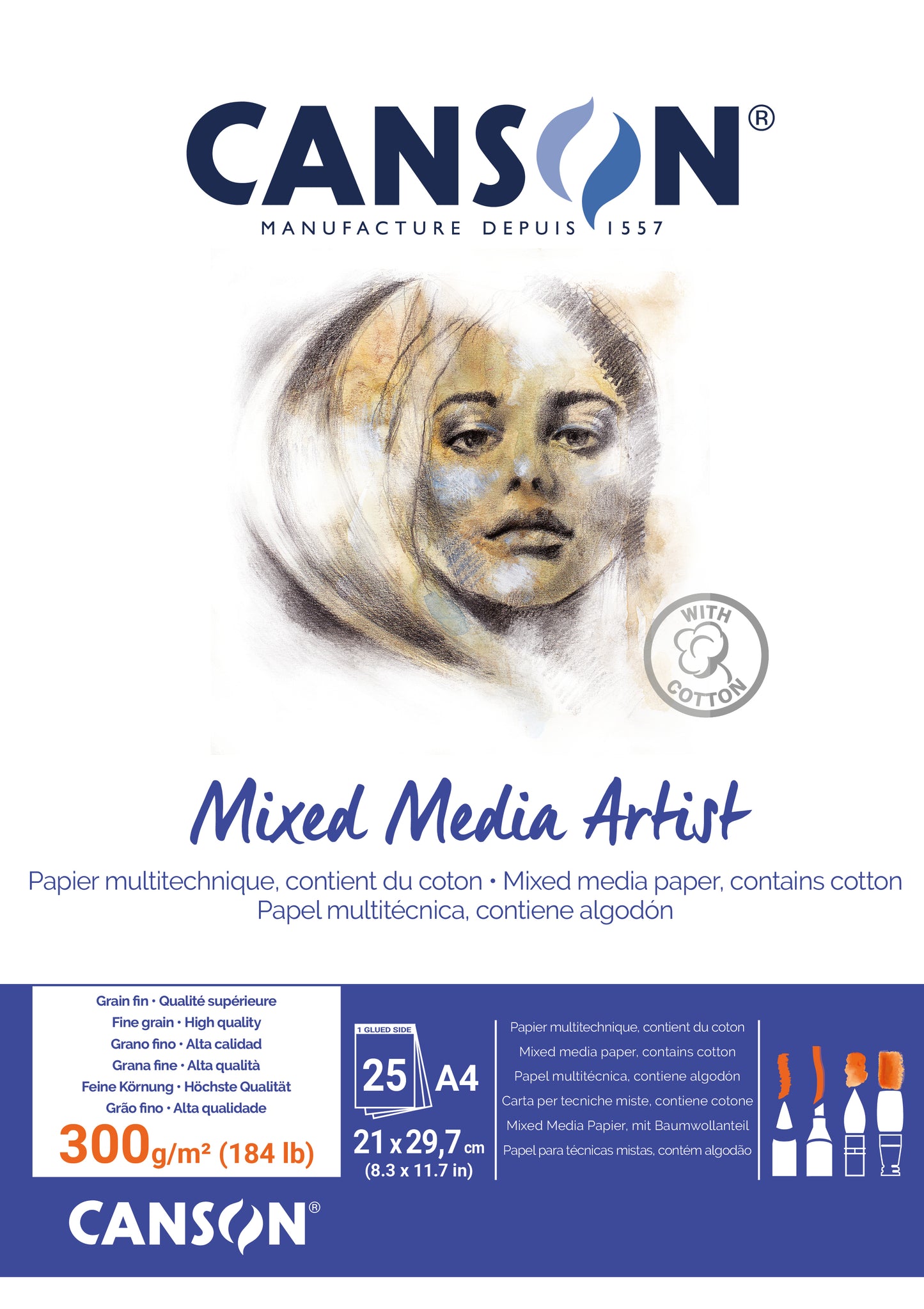 NEU: CANSON Mixed Media Artist Papier A4/A3 (Block geleimt,24 Blatt, 300gr, fein, weiß)