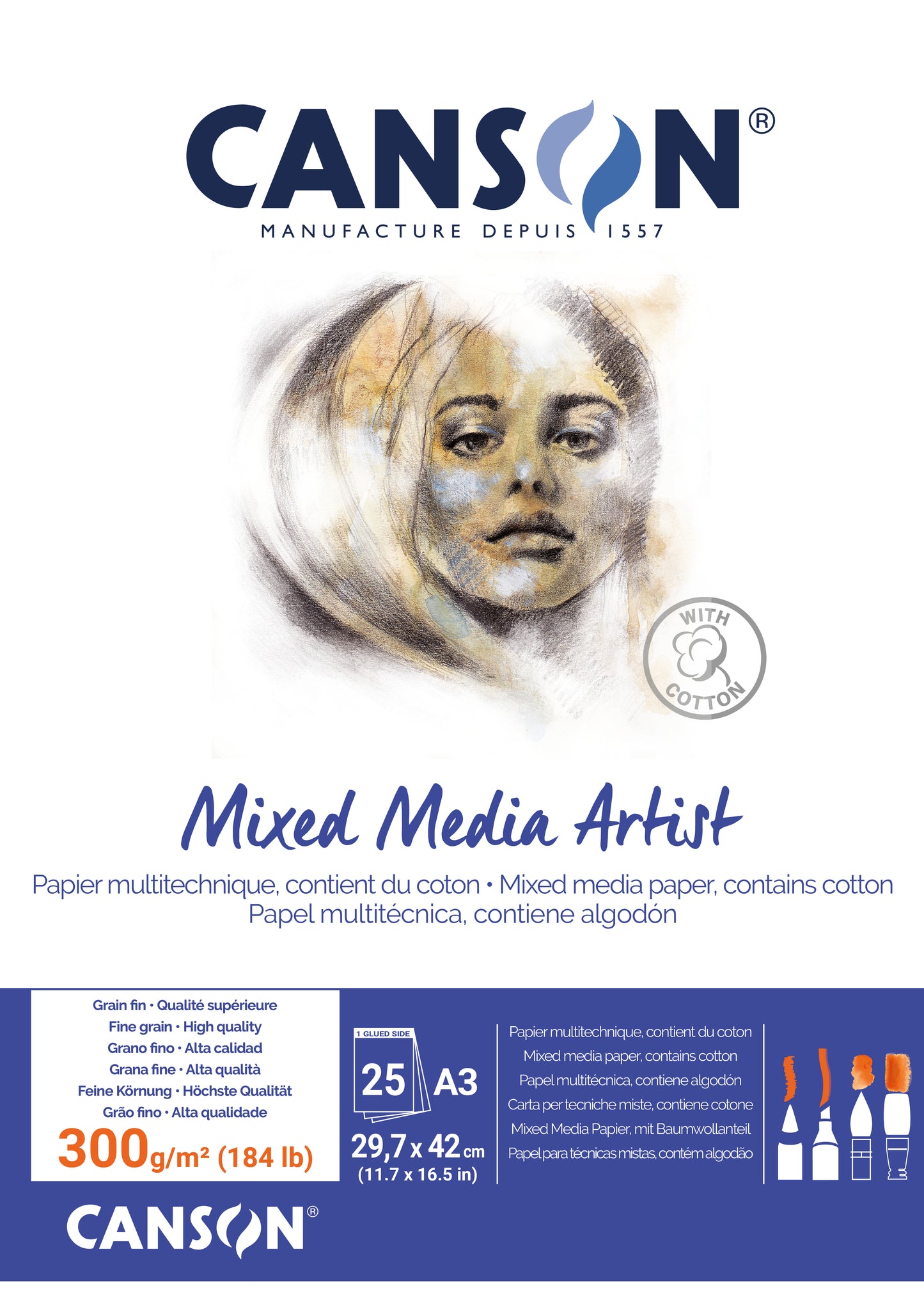 NEU: CANSON Mixed Media Artist Papier A4/A3 (Block geleimt,24 Blatt, 300gr, fein, weiß)
