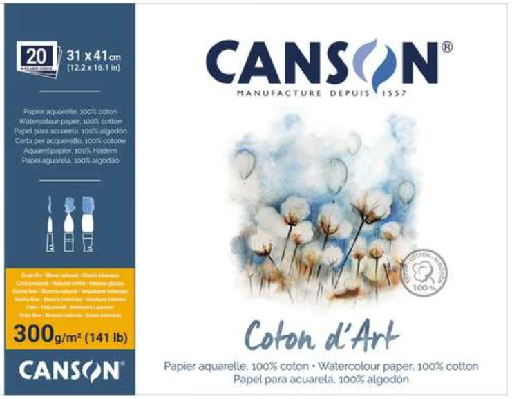 NEU: CANSON Coton d'Art Aquarellblock FEINKORN 20 Blatt 300gr (rundum geleimt)