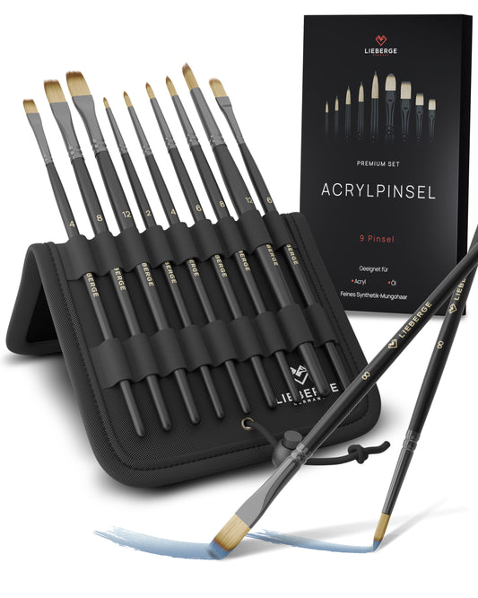 LIEBERGE PREMIUM SET Acrylpinsel (9 Pinsel) im Aufstell-Etui