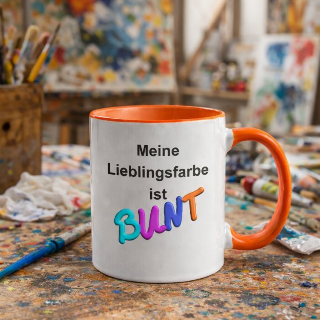 Keramik-Tasse zweifarbig – "Meine Lieblingsfarbe ist BUNT"