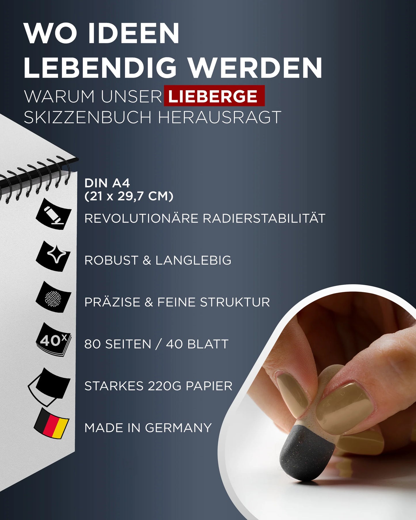 LIEBERGE Skizzenbuch A4 spiralgebunden (220g, 40 Blatt)